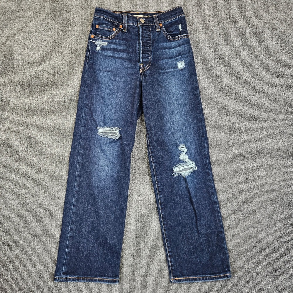 Levis Ribcage Straight Ankle Jeans Women 25 Dark Wash Distressed High Rise Blue